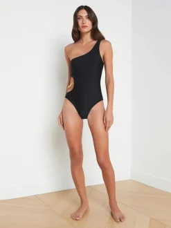 New - Ava Solid One Shoulder Cutout One-Piece - Black One Piece