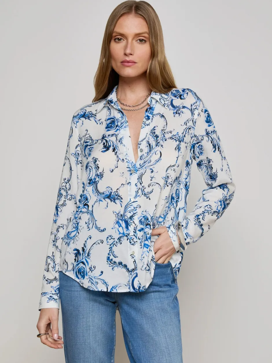 Outlet - Holly Blouse - White/Blue Baroque Swirl Blouses