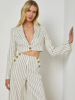 New L’agence - Izzie Striped Cropped Blazer - Vintage White/Black Pinstripe Blazers
