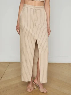 Hot - Maceline Pinstriped Maxi Skirt - Tan/Brown Pinstripe Long Skirts