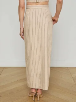 Hot - Maceline Pinstriped Maxi Skirt - Tan/Brown Pinstripe Long Skirts