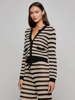 Outlet - Orla Pointelle Knit Cardigan - Black/Natural Stripe Sweaters & Knits