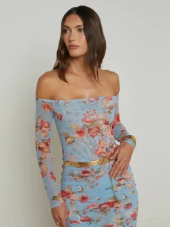 New - Peonie Off Shoulder Bodysuit - Blue Tapestry Floral Bodysuits