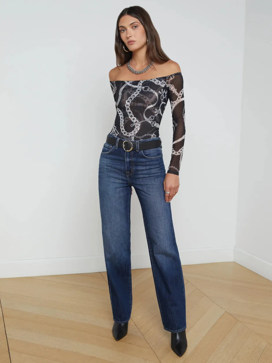 Fashion L’agence - Peonie Off the Shoulder Bodysuit - Black/White Buckle Chain Bodysuits