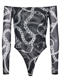 Fashion L’agence - Peonie Off the Shoulder Bodysuit - Black/White Buckle Chain Bodysuits