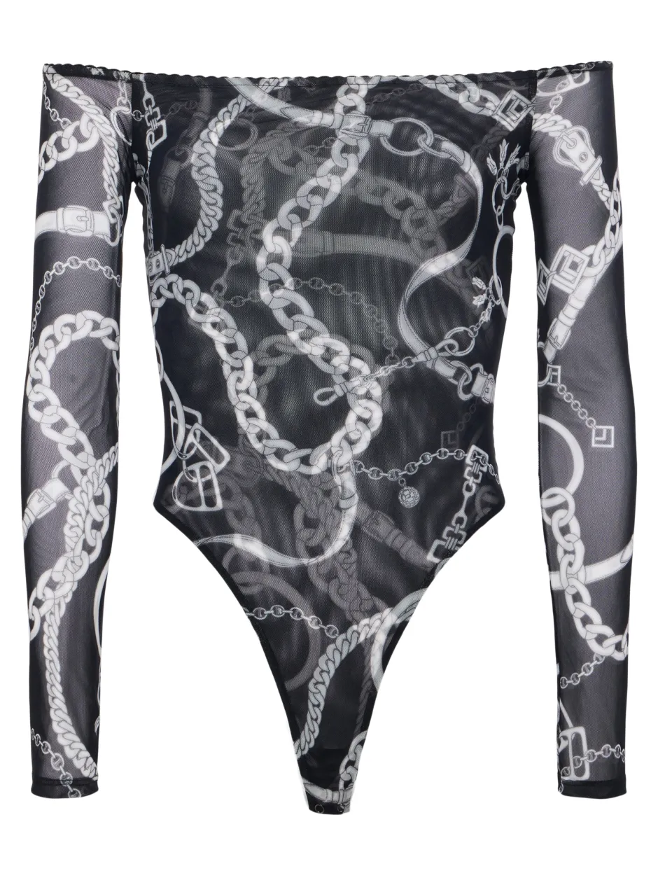 Fashion L’agence - Peonie Off the Shoulder Bodysuit - Black/White Buckle Chain Bodysuits