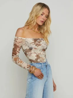New L’agence - Peonie Off-The-Shoulder Bodysuit - Ecru Multi Tapestry Jungle Bodysuits