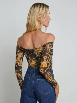 Best - Peonie Off-The-Shoulder Bodysuit - Black/Gold Barocco Swirl Bodysuits