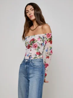 Discount L’agence - Peonie Off-The-Shoulder Bodysuit - Light Pink Multi Femme Rose Bodysuits