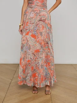 New - Torin Pleated Maxi Skirt - Orange/Light Blue Traditional Paisley Long Skirts