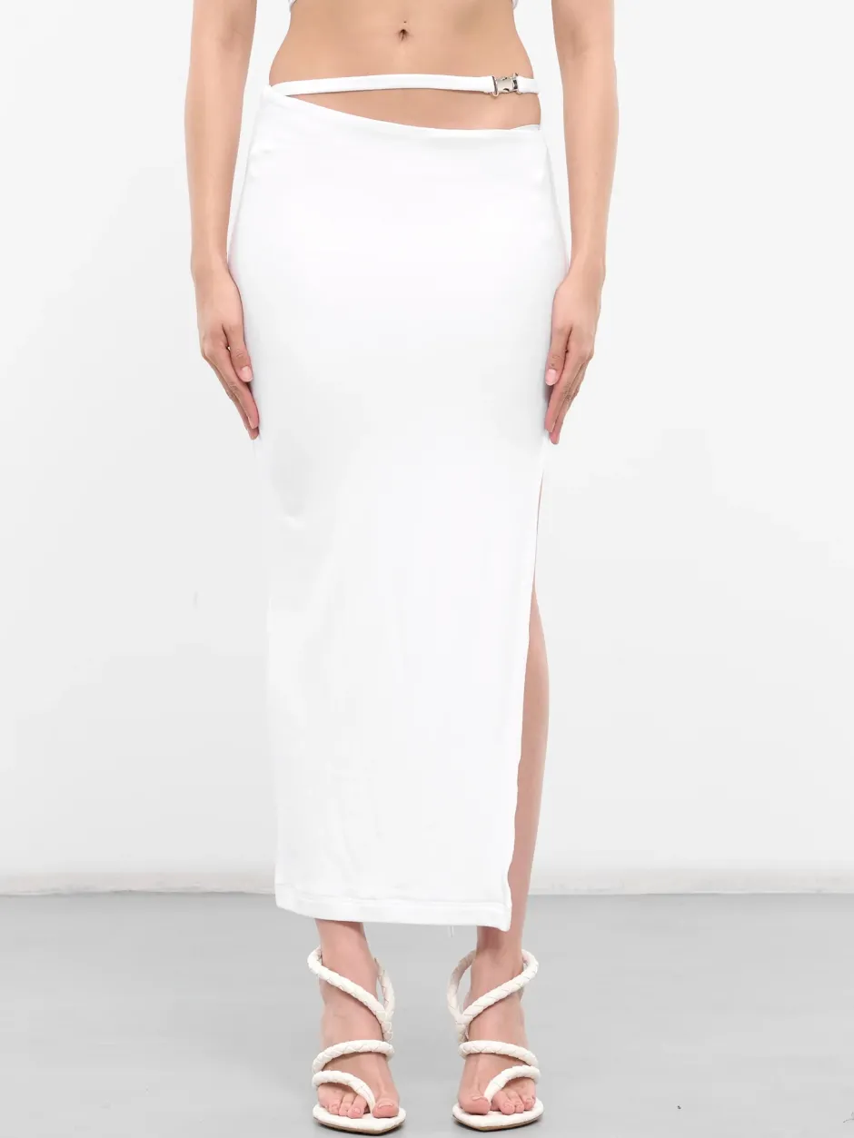 Hot - Buckle Strap Skirt With Slit - White Long Skirts