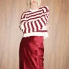 Sale - Devi Distressed Cable Knit Sweater - Ivory Burgundy Stripe Sweaters & Knits