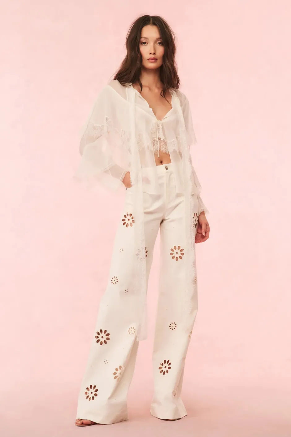 New - Carolette Eyelet Wide-Leg Pants - Optic White Pants