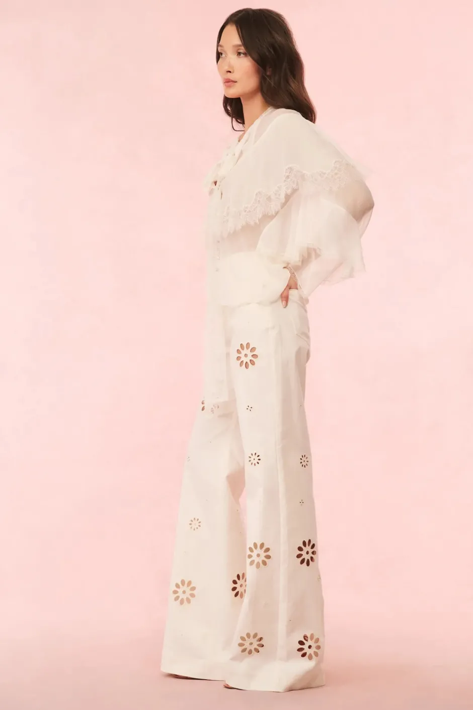 New - Carolette Eyelet Wide-Leg Pants - Optic White Pants