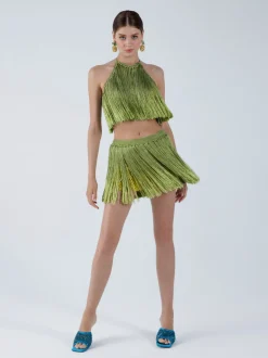 Sale - Angelica Fringed Halter Top - Antique Moss Crop Tops