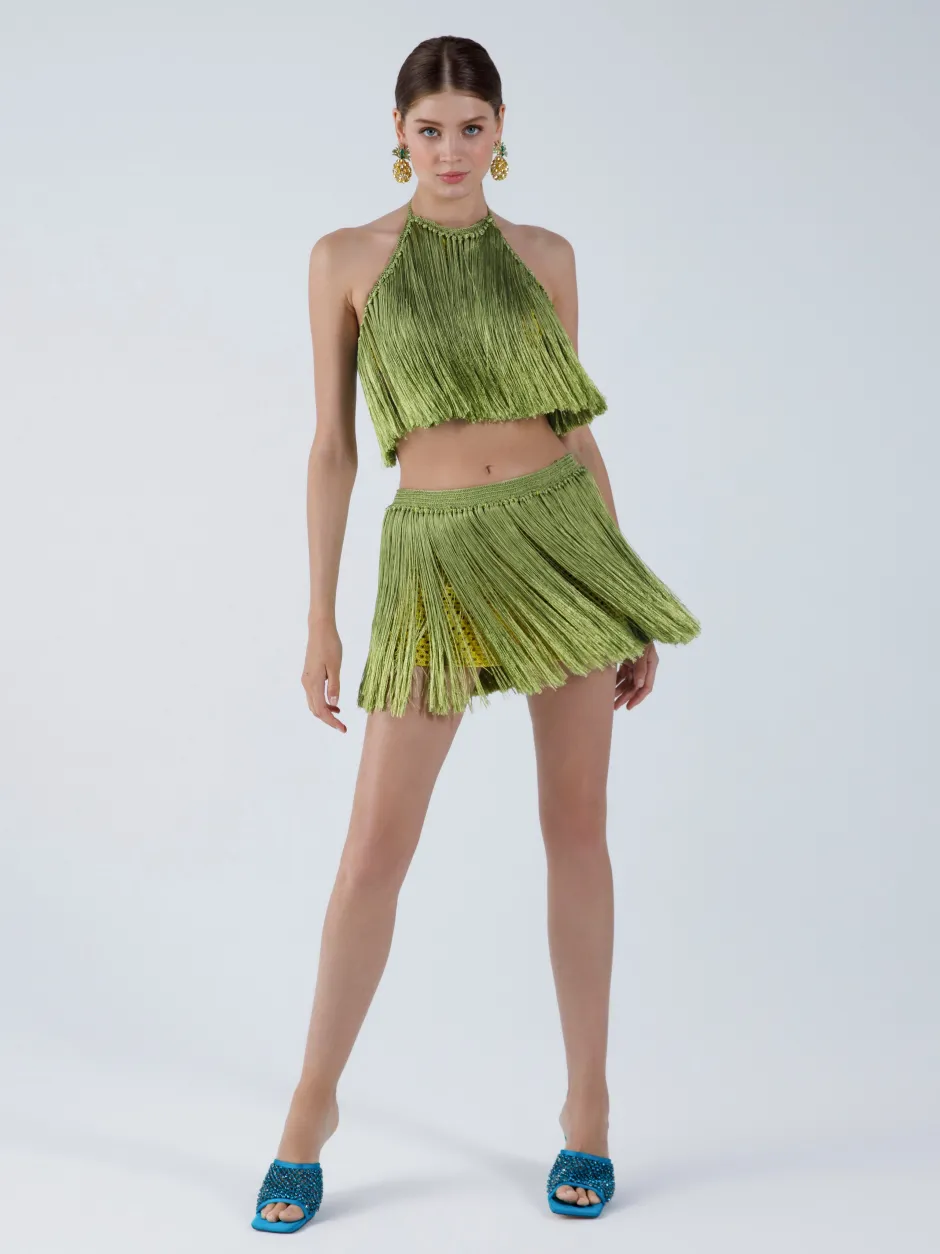 Sale - Angelica Fringed Halter Top - Antique Moss Crop Tops