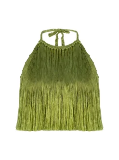 Sale - Angelica Fringed Halter Top - Antique Moss Crop Tops