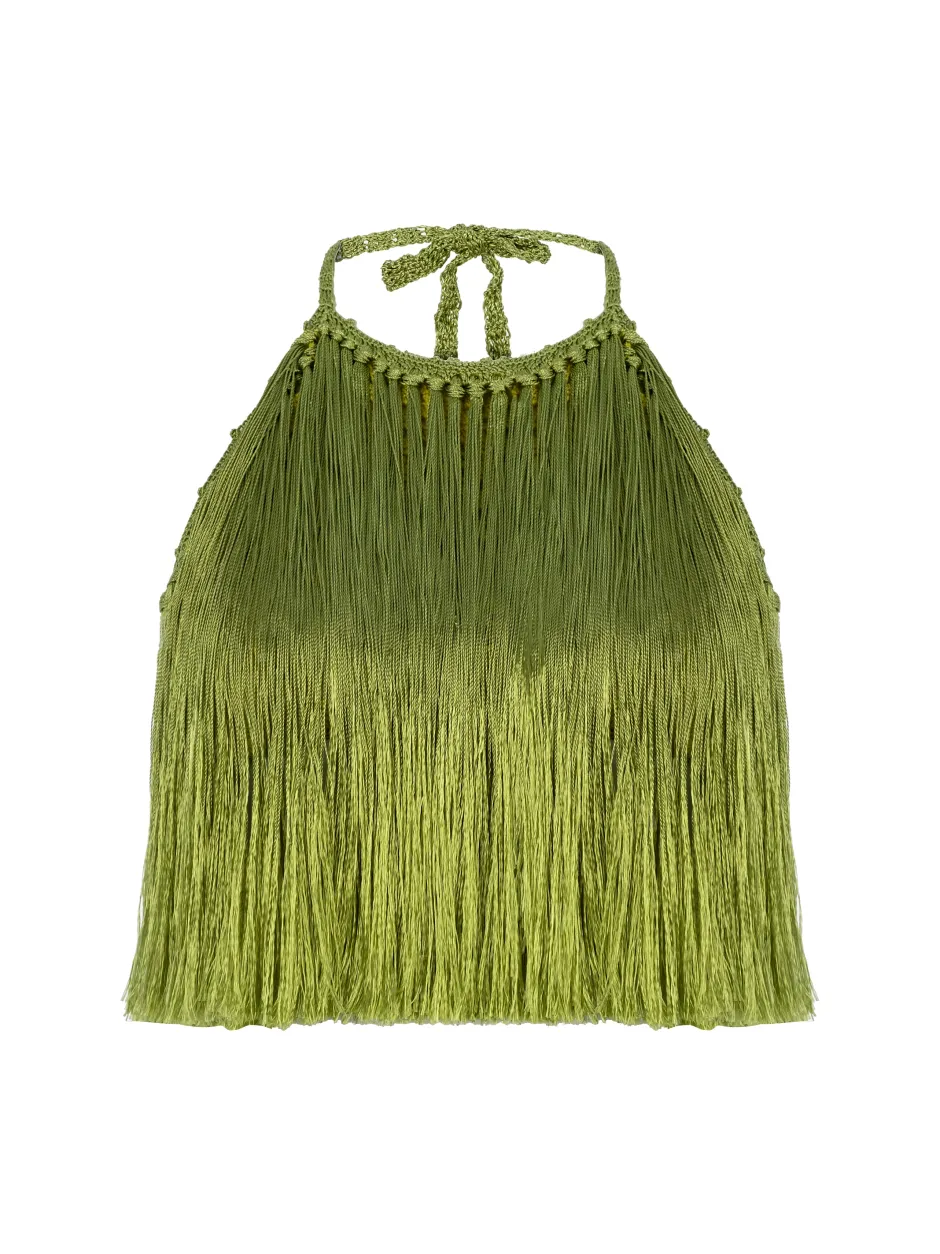 Sale - Angelica Fringed Halter Top - Antique Moss Crop Tops