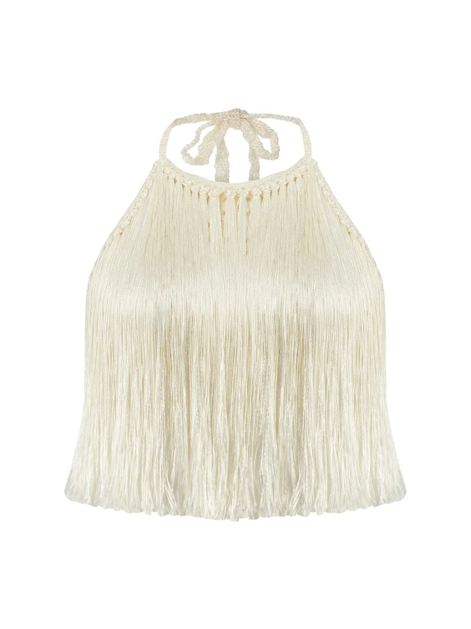 Discount - Angelica Fringed Halter Top - Snow white Crop Tops