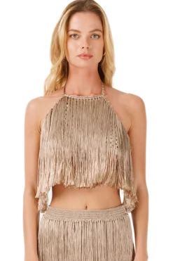 Hot - Meringue Hand Crochet Fringed Top - Bronze Crop Tops