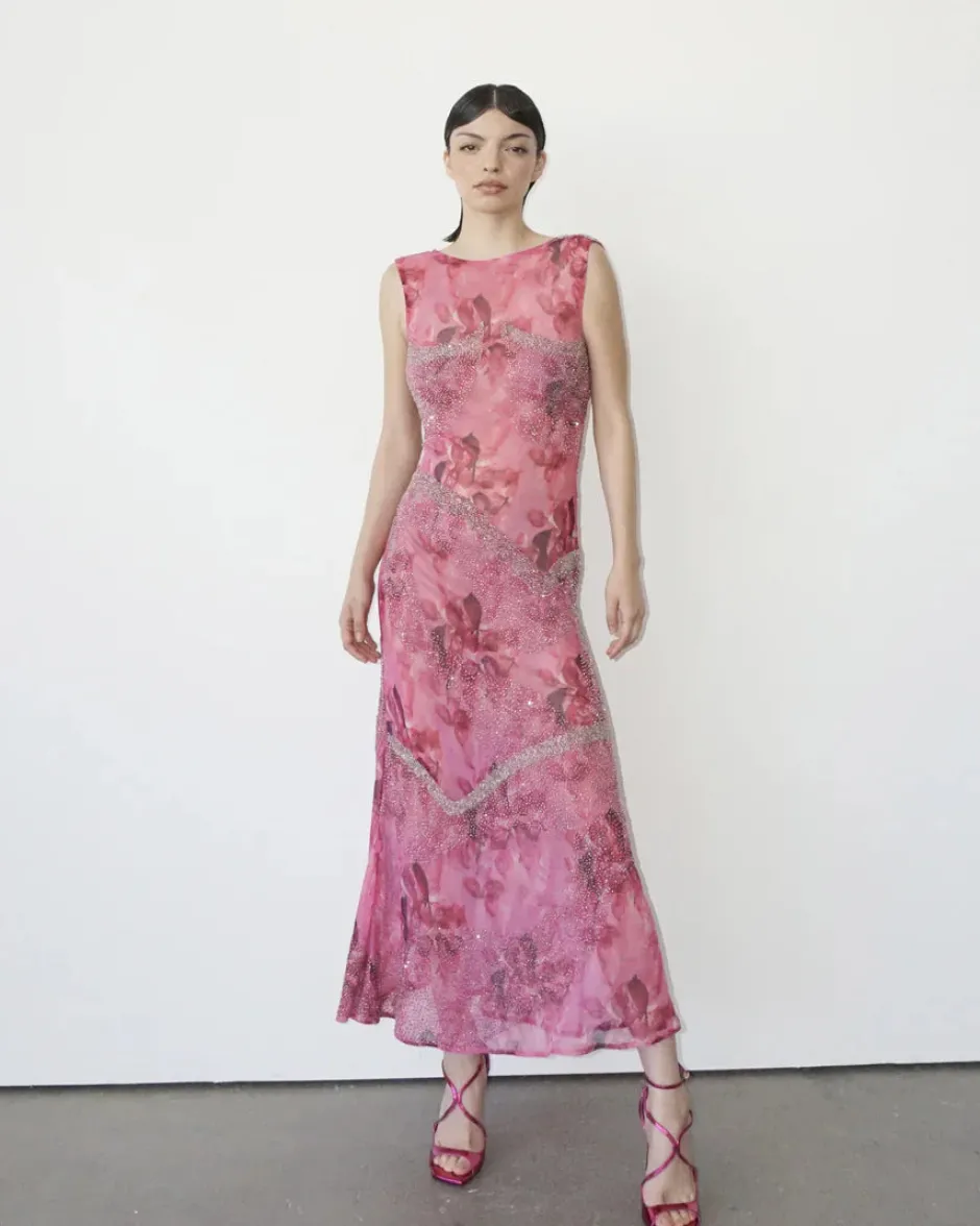 New - Bea Hand Beaded Dress - Pink Midi | Midi Dresses