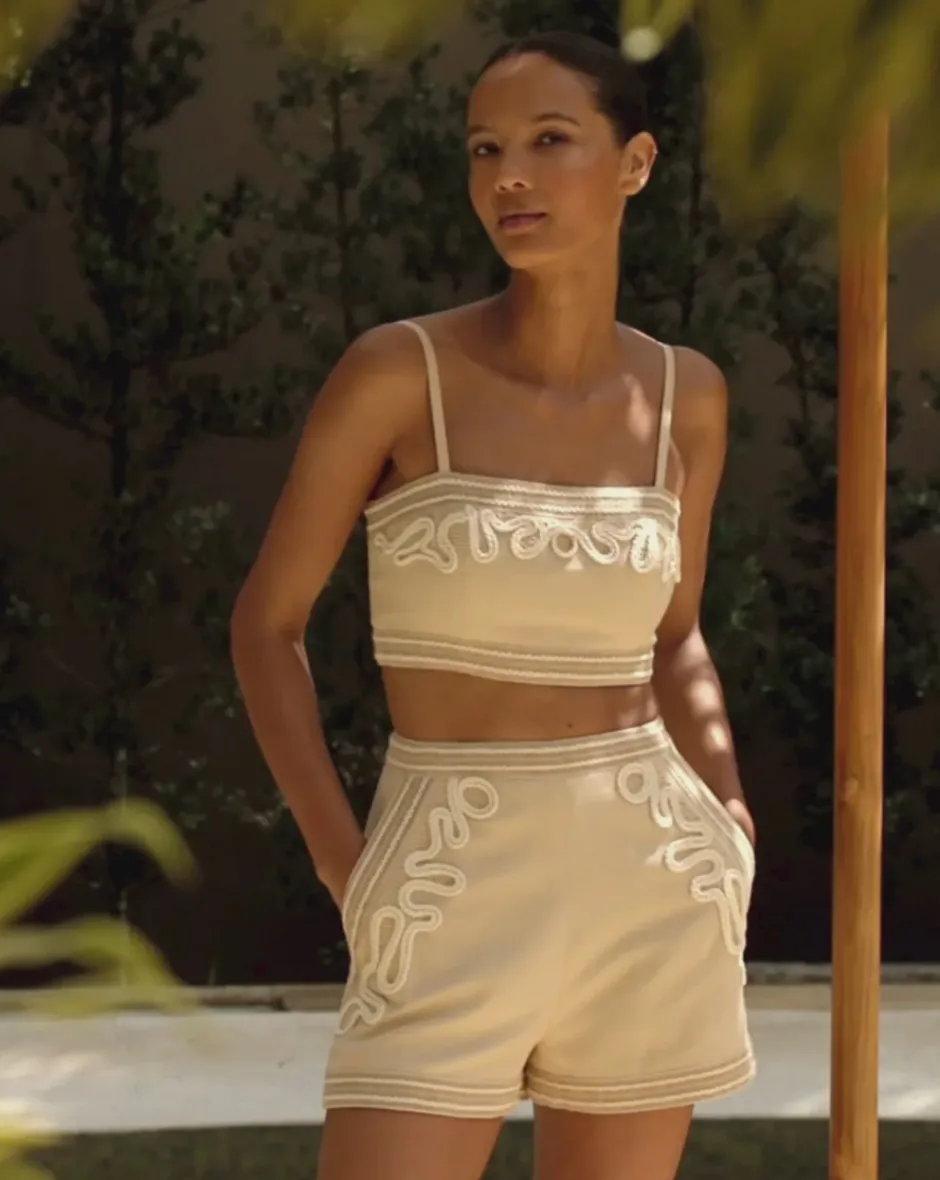 Online - Embroidered Linen Top - Sand Crop Tops