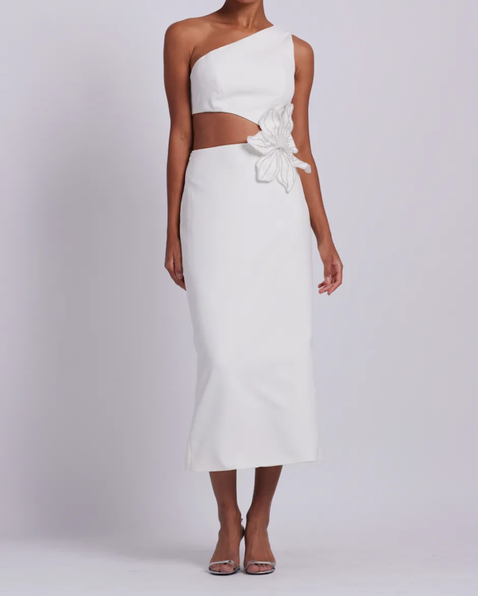 Sale - Flower Applique Midi Dress - White Dresses | Midi