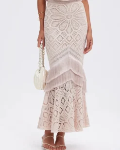 Clearance - Flower Crochet Skirt - Beige Long Skirts