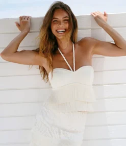 Discount - Fringe Halter neck Top - Ivory Crop Tops