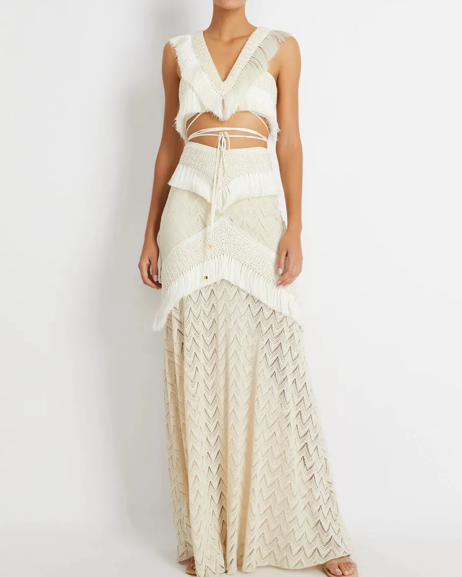 Discount - Fringe Trim Maxi Skirt - Sandstone Long Skirts