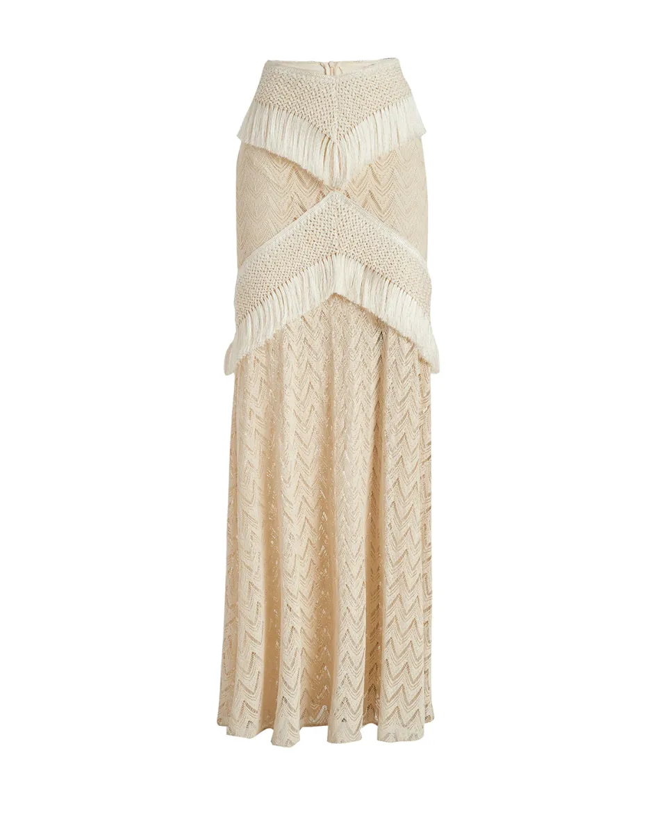 Discount - Fringe Trim Maxi Skirt - Sandstone Long Skirts