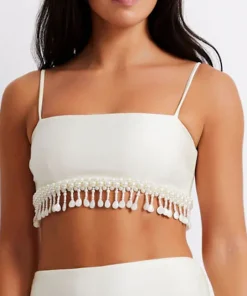 Clearance - Hand Beaded Crop Top - White Crop Tops