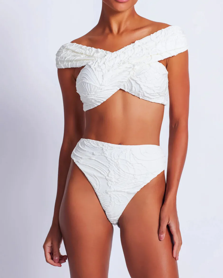 Clearance - Jacquard High Leg Bikini Bottom - White Bikini