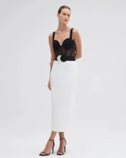 Fashion - Jersey Sands Corset Midi Dress - Black and White Midi | Midi Dresses