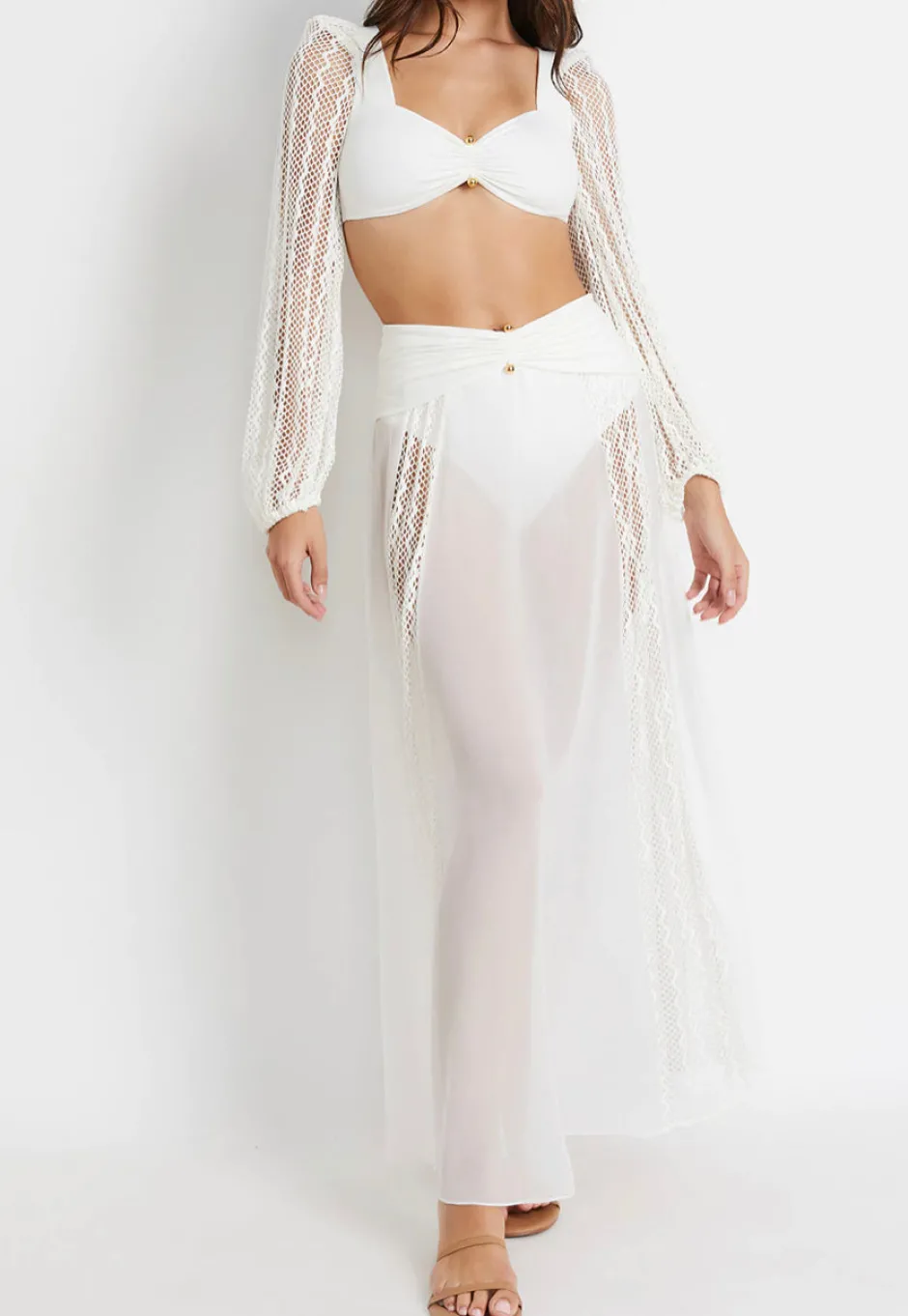 Hot - Lace Sleeve Lycra Top - White Crop Tops
