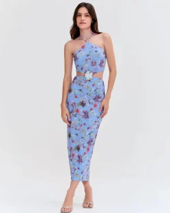 Clearance - Lily Flower Halterneck Dress - Blue Midi | Midi Dresses