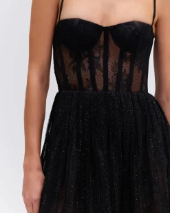 Discount - Lurex Tulle Bustier Midi Dress - Black Dresses | Long Dresses