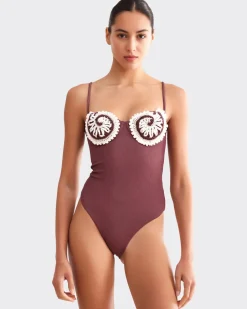 Discount - Merian Knit Embroidered Swimsuit - Brown One Piece