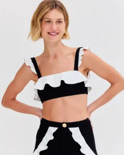 Online - Merian Knit Flutter Color Block Bikini Top - Black Bikini