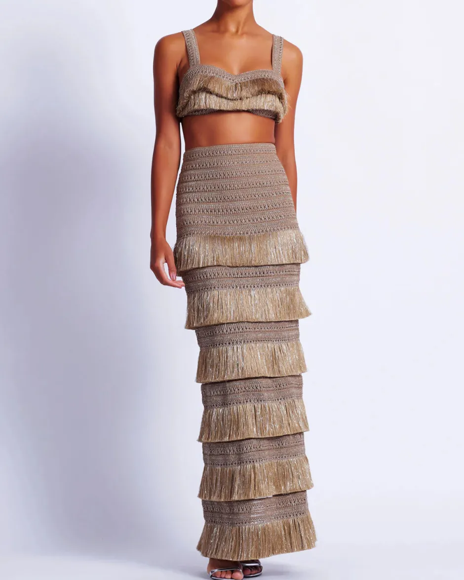 Discount - Metallic Fringe Maxi Skirt - Gold Long Skirts