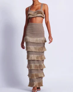 Discount - Metallic Fringe Maxi Skirt - Gold Long Skirts