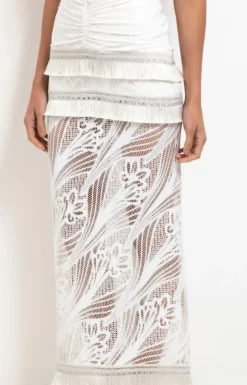 Sale - Metallic Fringe Trim Lace Maxi Skirt - White Long Skirts