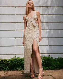 Sale - Papillon Jacquard Butterfly Maxi Dress - Beige Midi | Midi Dresses