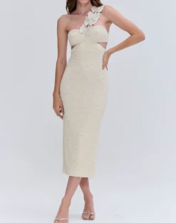 Clearance - Papillon Jacquard One Shoulder Midi Dress - Beige Midi | Midi Dresses