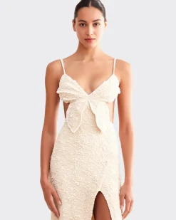 Sale - Papillon Jacquard Butterfly Maxi Dress - Beige Midi | Midi Dresses