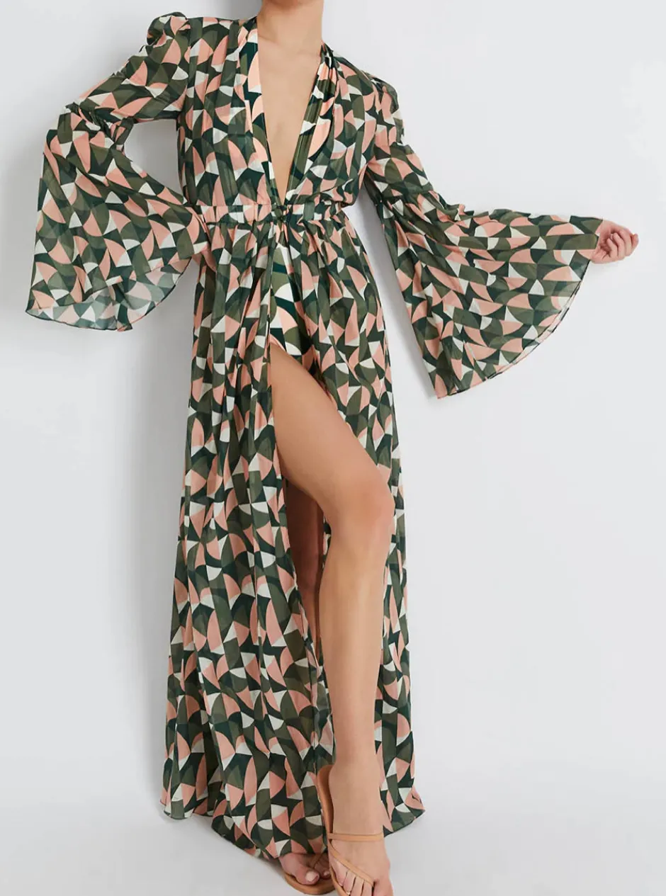 Hot - Plitka Bell Sleeve Cotton Robe - Olive Dresses | Long Dresses