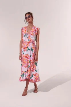 Fashion Poupette St. Barth - Midi Dress Aude - Orange Macro Peony Dresses | Florals