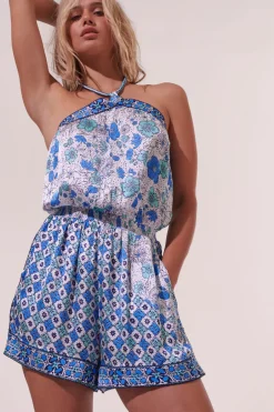 Sale - Short Jumpsuit Isabelle - White Green Diagonal Batik Pants Jumpsuits | Rompers