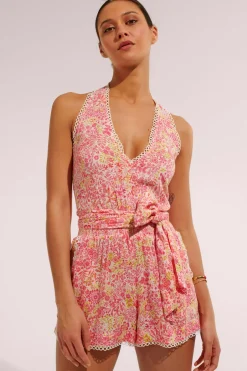 Discount Poupette St. Barth - Short Jumpsuit Beth - White Pink Nature Pants Jumpsuits | Rompers