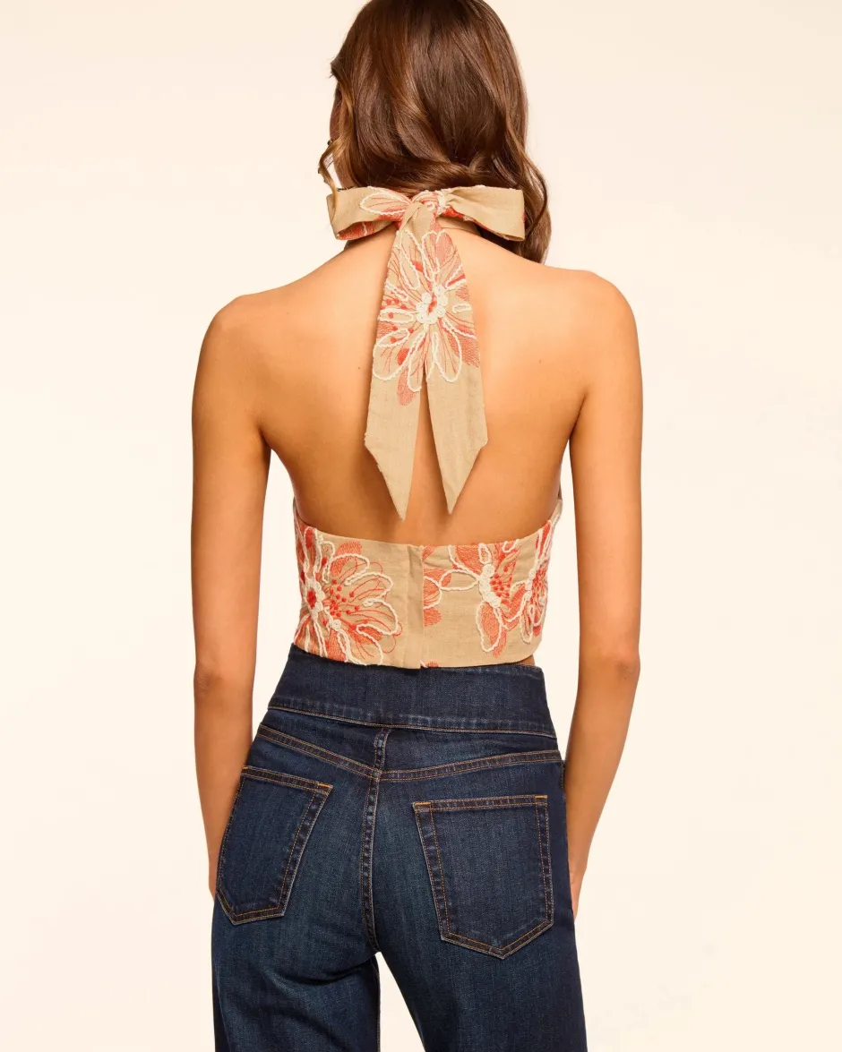 Online - Harlow Embroidered Halter Crop Top - Natural Fleur Crop Tops